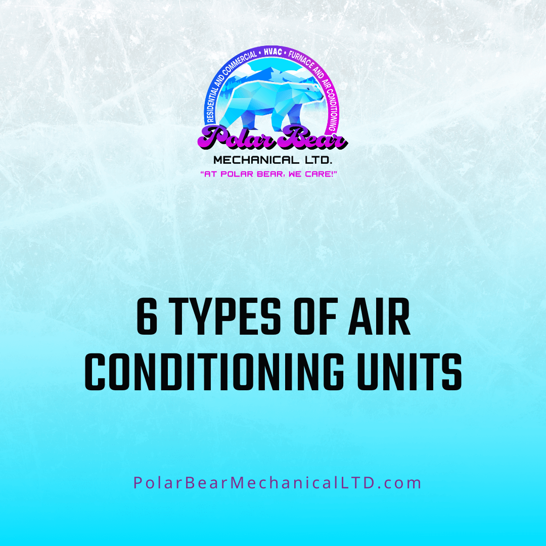 The graphic features an icy background with a blue and white overlay. In the center of the graphic is the title of the corresponding blog, which reads, "6 Types of Air Conditioning Units".