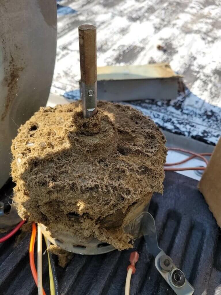 The image shows part of an air filter that's completely covered in dust and dirt and, therefore, unable to function properly.